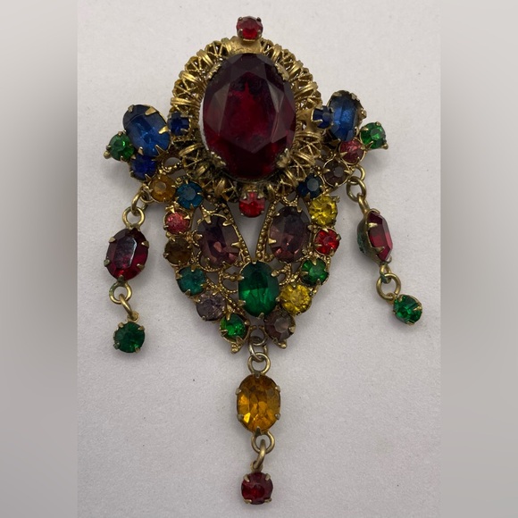 Vintage Gold Tone Multi Colored Faceted Glass Ornate Victorian Style Brooch Pin - Picture 9 of 10